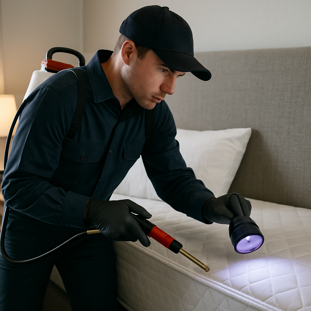 A professional pest control technician inspecting a bedroom for bed bugs with specialized equipment
