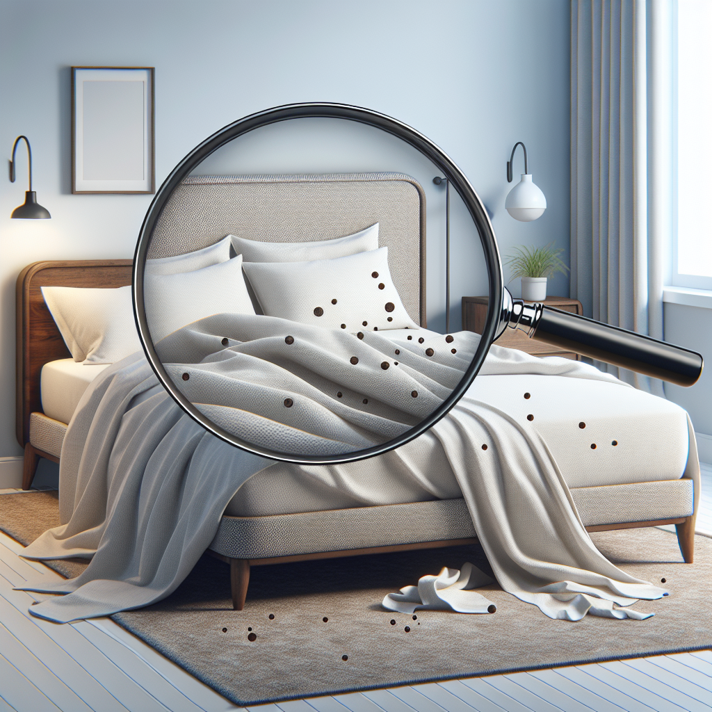 A cozy bedroom with an unmade bed showing signs of bed bugs, like small dark spots on sheets, with a magnifying glass highlighting them