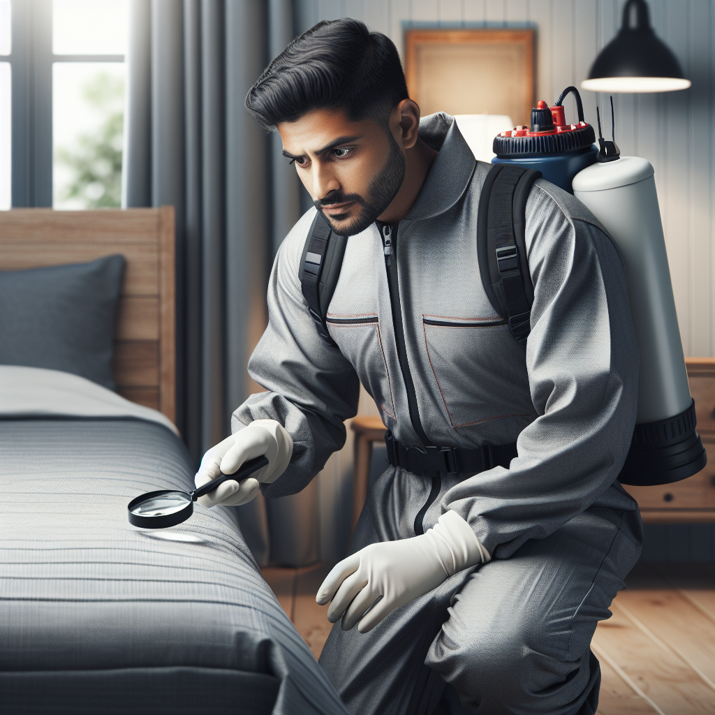 A professional pest control technician inspecting a bedroom for bed bugs, with tools and equipment visible