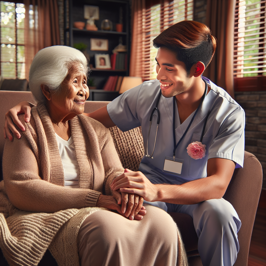 A warm and inviting living room scene with an elderly person sitting comfortably while a caregiver assists them with a smile