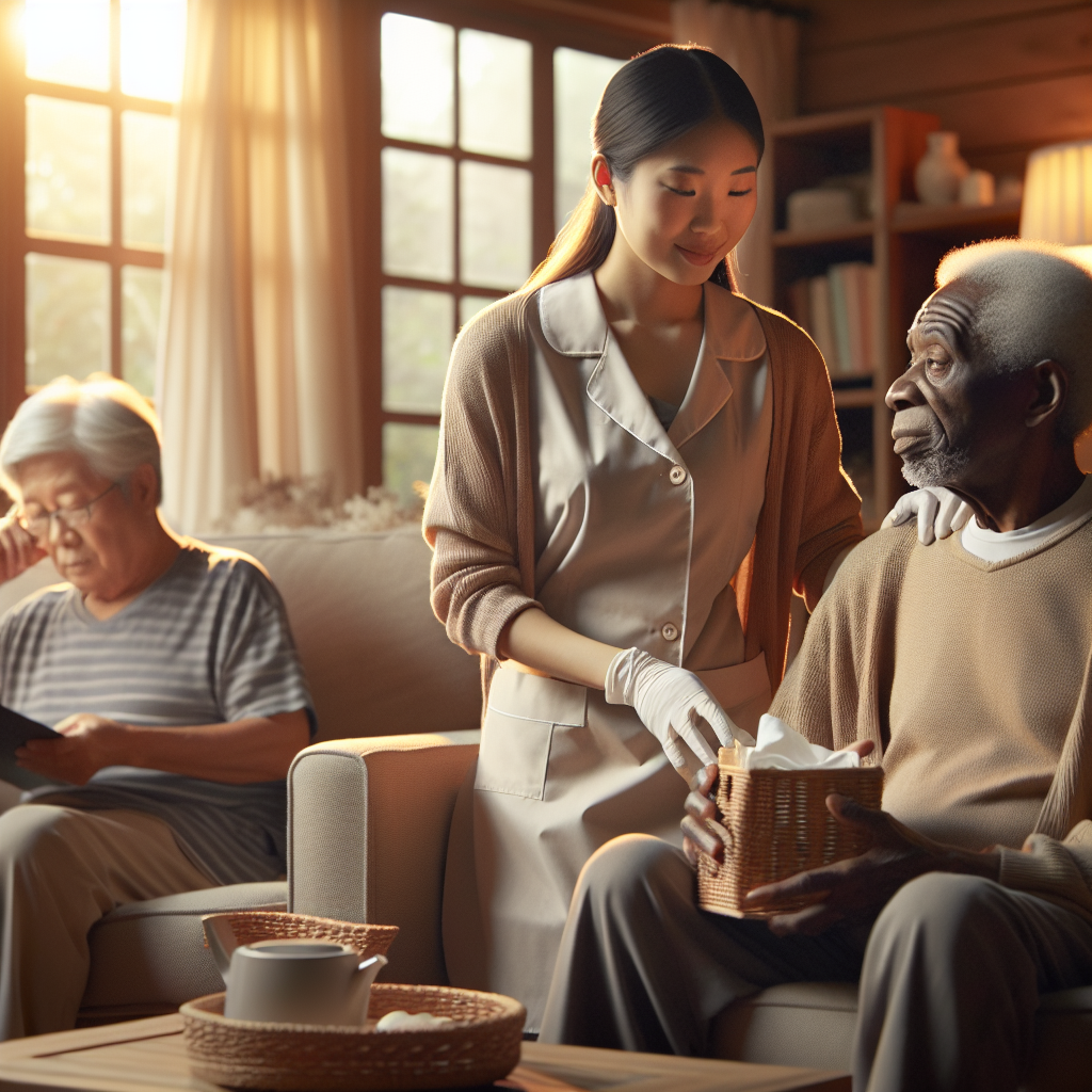A warm living room scene with a caregiver assisting an elderly person while another person relaxes nearby with a book