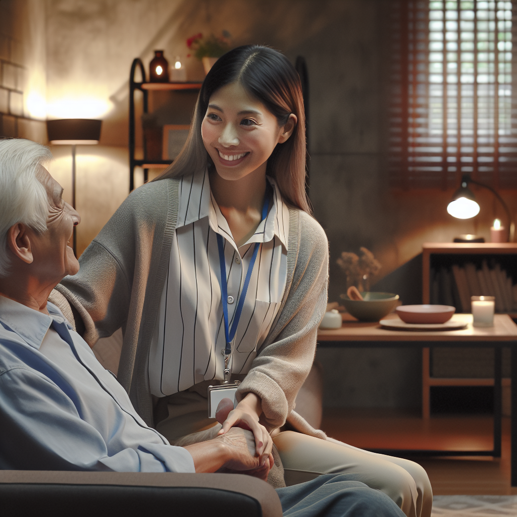 A warm and inviting living room scene where a caregiver is assisting an elderly person with a smile. The atmosphere is cozy and reassuring.