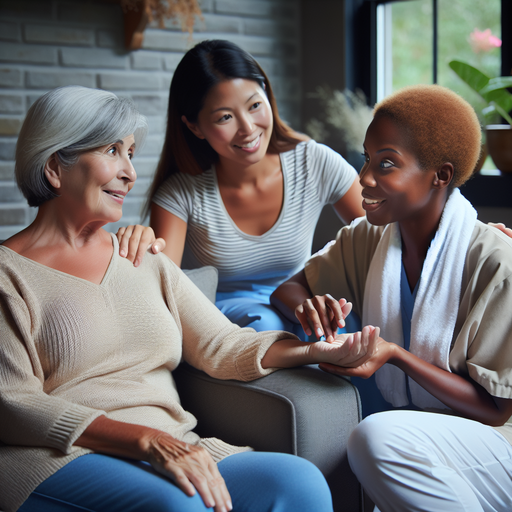 A warm scene depicting a caregiver taking a well-deserved break while an elderly person is happily engaged with an in-home caregiver