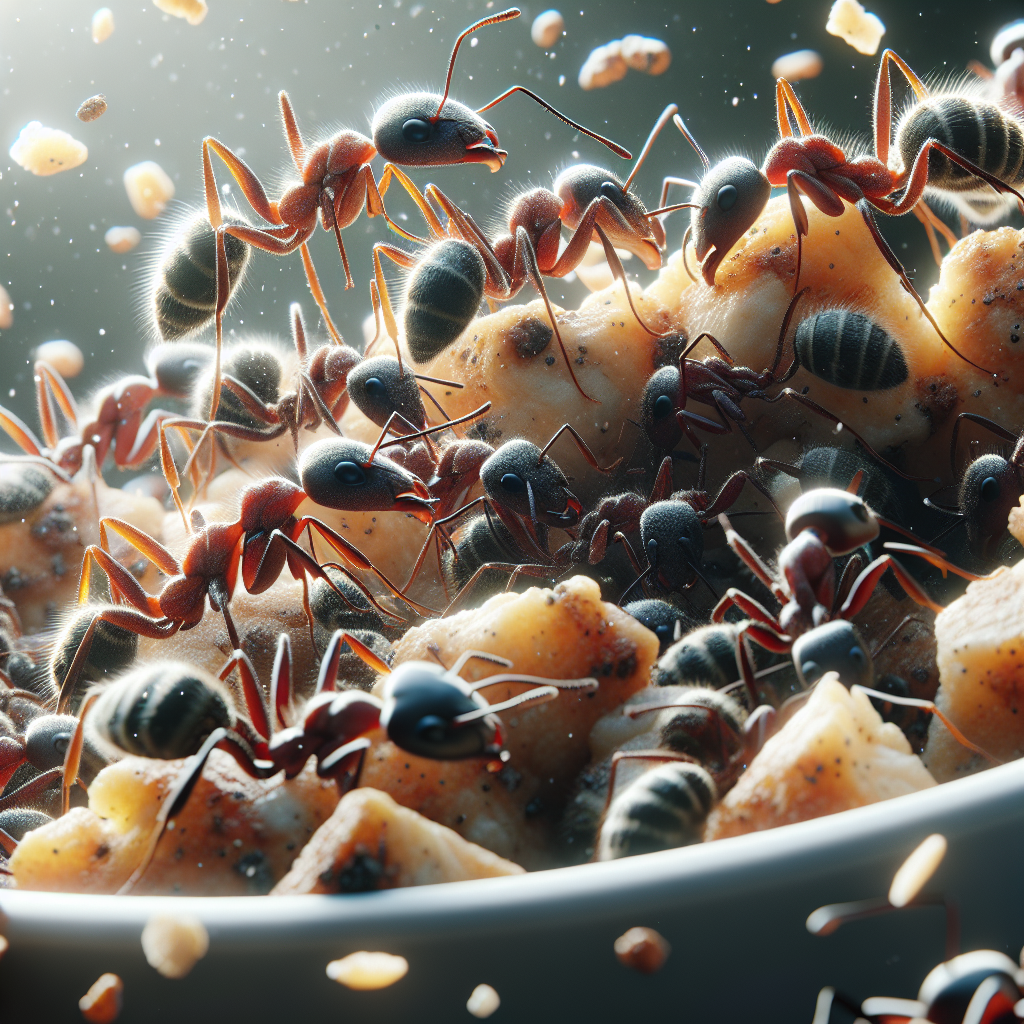 A close-up view of various types of ants in a colony setting with some crawling on food crumbs