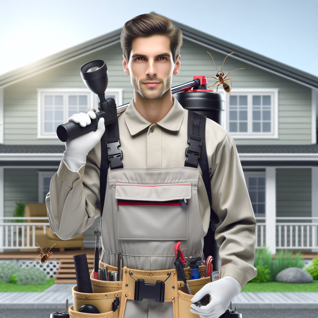 A licensed exterminator inspecting a home for ants with tools in hand