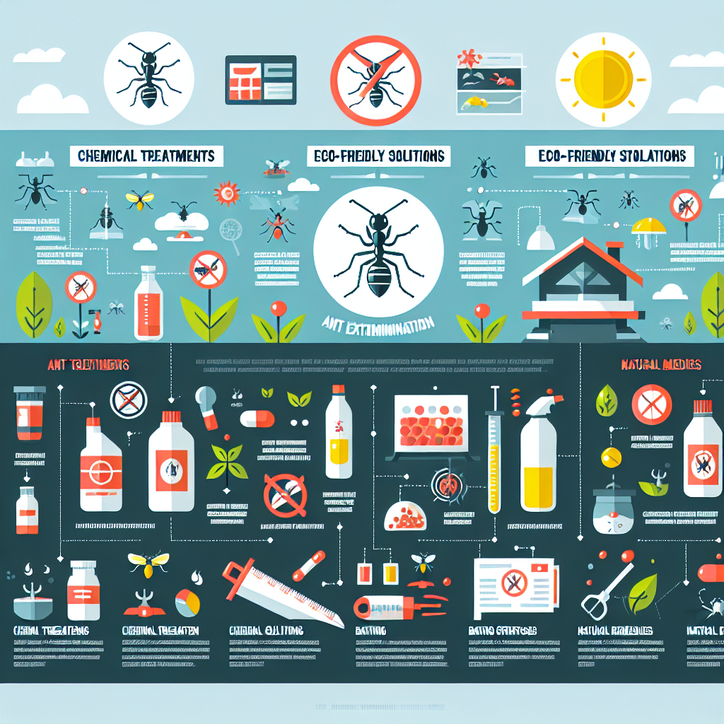 A visually engaging infographic showing various methods of ant extermination including chemical treatments, eco-friendly solutions, baiting strategies, and natural remedies.