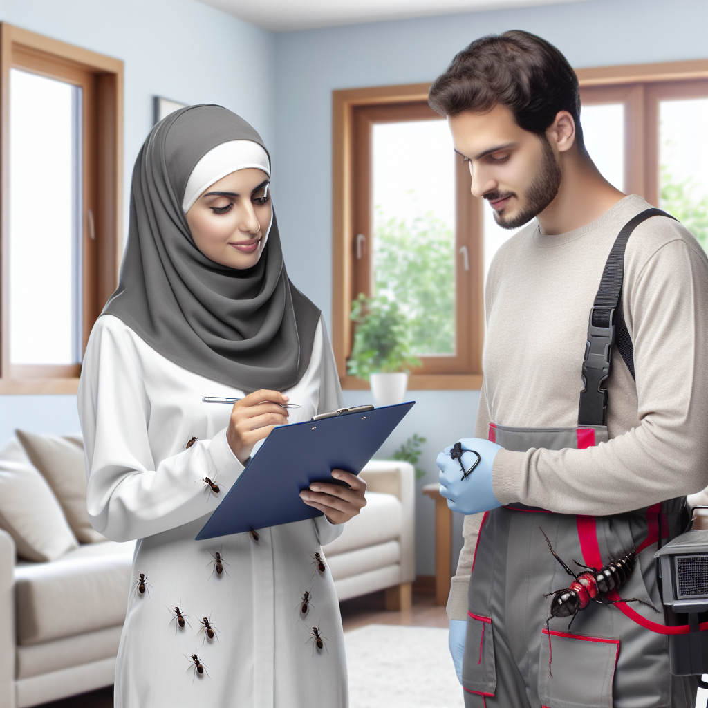 A professional pest control technician inspecting a home for ants with a clipboard