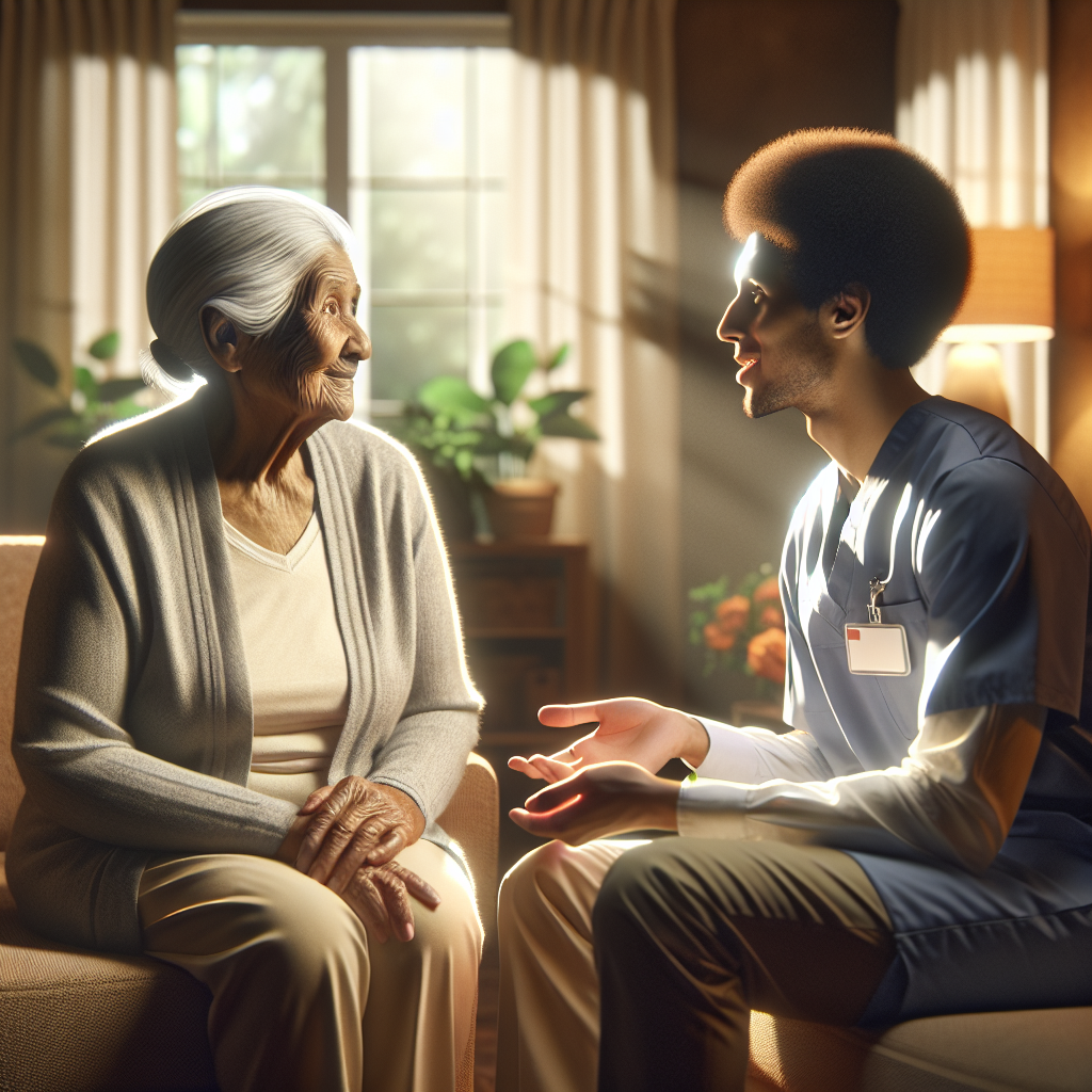 A warm and inviting living room scene with an elderly person sitting comfortably with an in-home caregiver, showcasing companionship and support
