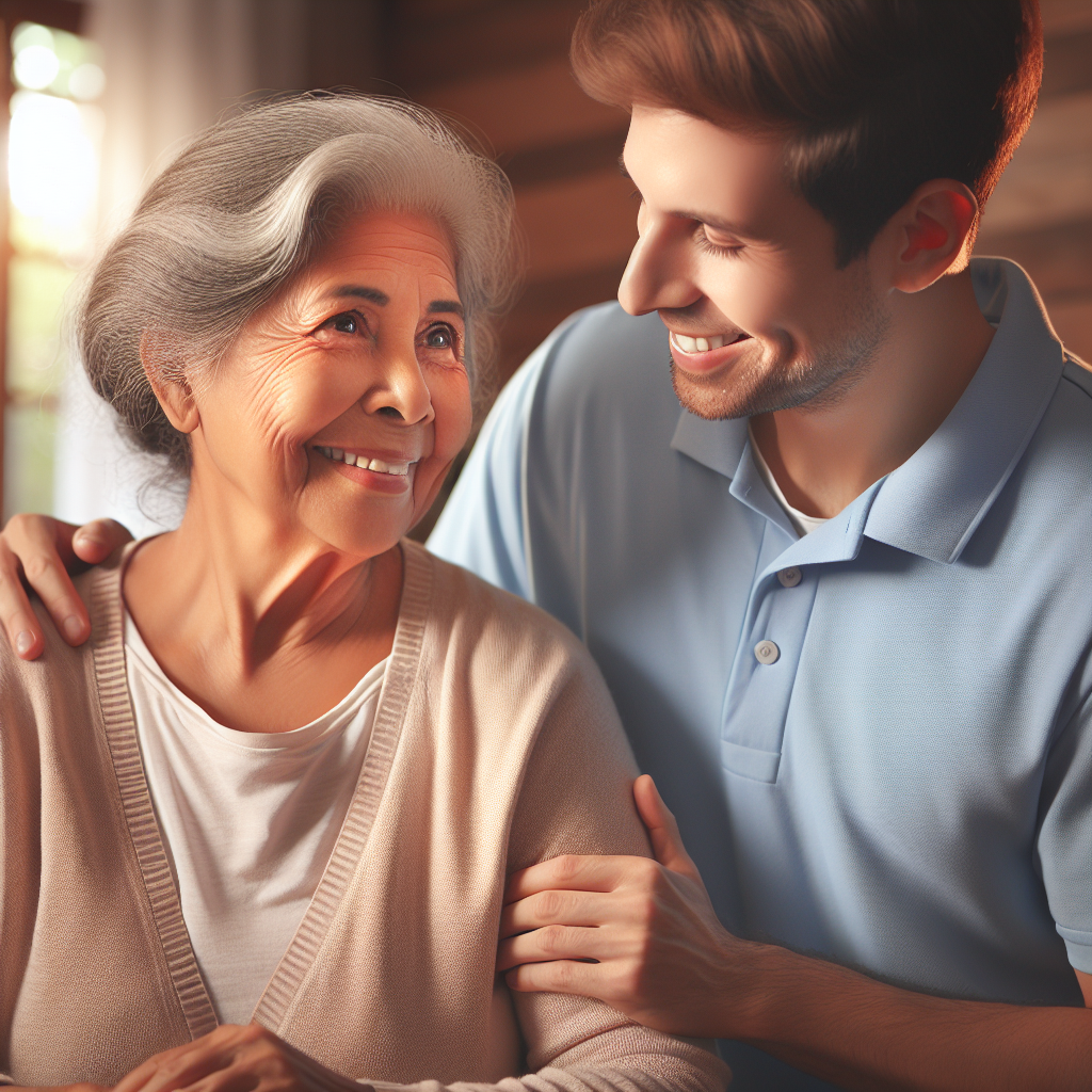 A warm home setting where an elderly person is receiving assistance from a caregiver while engaging in a friendly conversation