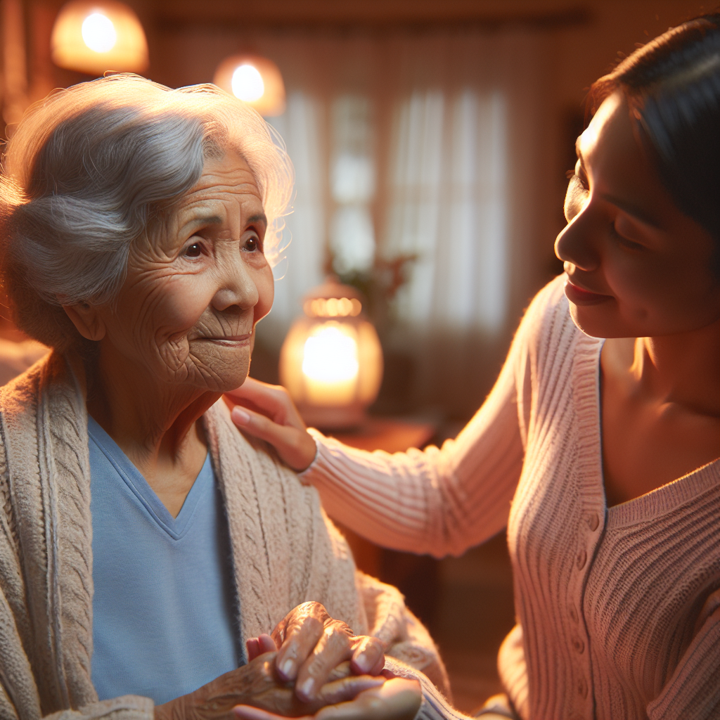 An elderly person receiving personalized care at home from a compassionate caregiver with warm lighting and cozy surroundings