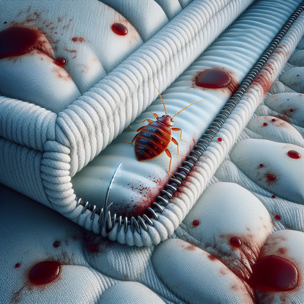 A close-up view of a bed bug hiding in a mattress seam with blood stains nearby