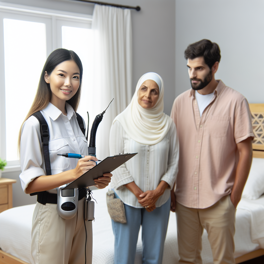 A friendly pest control technician inspecting a bedroom with high-tech equipment while explaining the process to homeowners