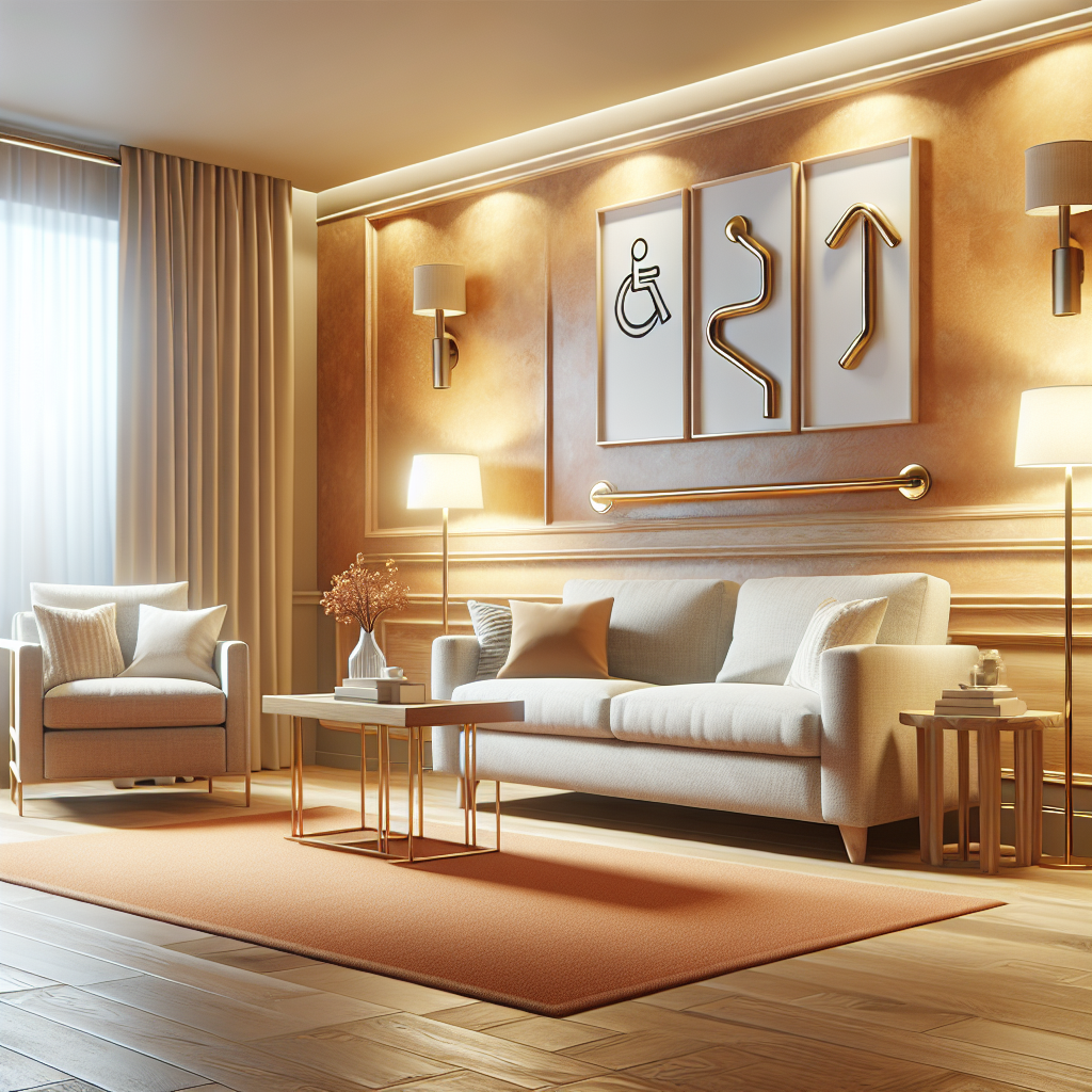 A warm and inviting living room designed for seniors with safety features such as grab bars, non-slip rugs, and good lighting