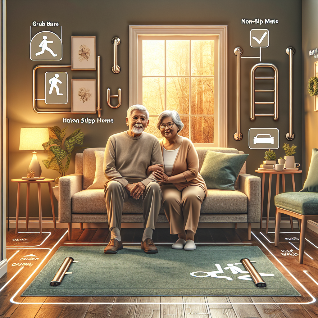 An elderly couple enjoying their safe home environment with various safety modifications like grab bars, non-slip mats, and good lighting