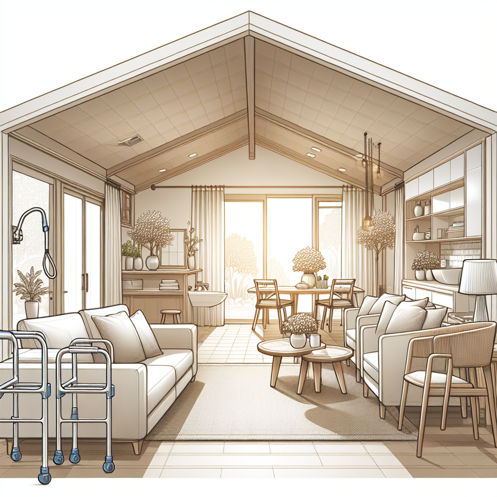 A cozy, accessible home interior designed for seniors with wide doorways, grab bars in the bathroom, and smart home technology