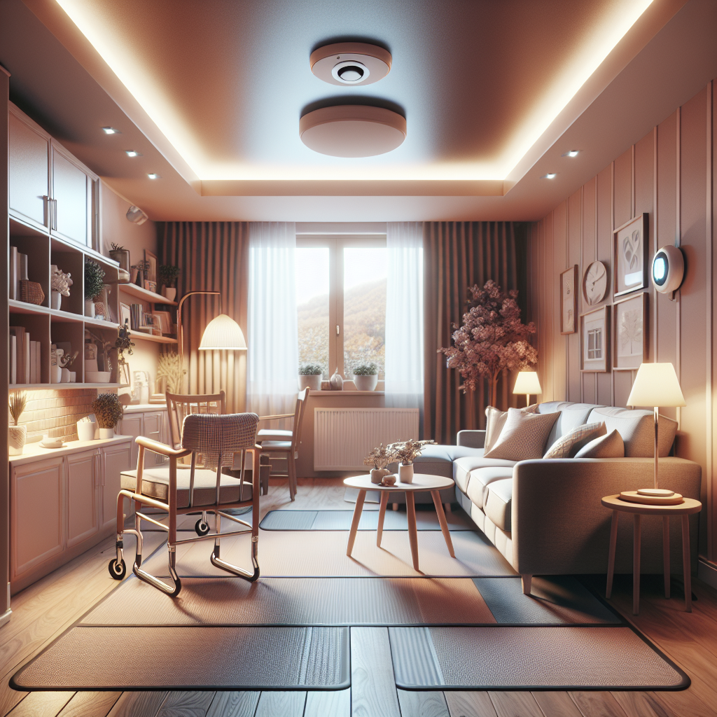 A cozy living room designed for elderly safety featuring grab bars, non-slip mats, smoke detectors, and soft lighting