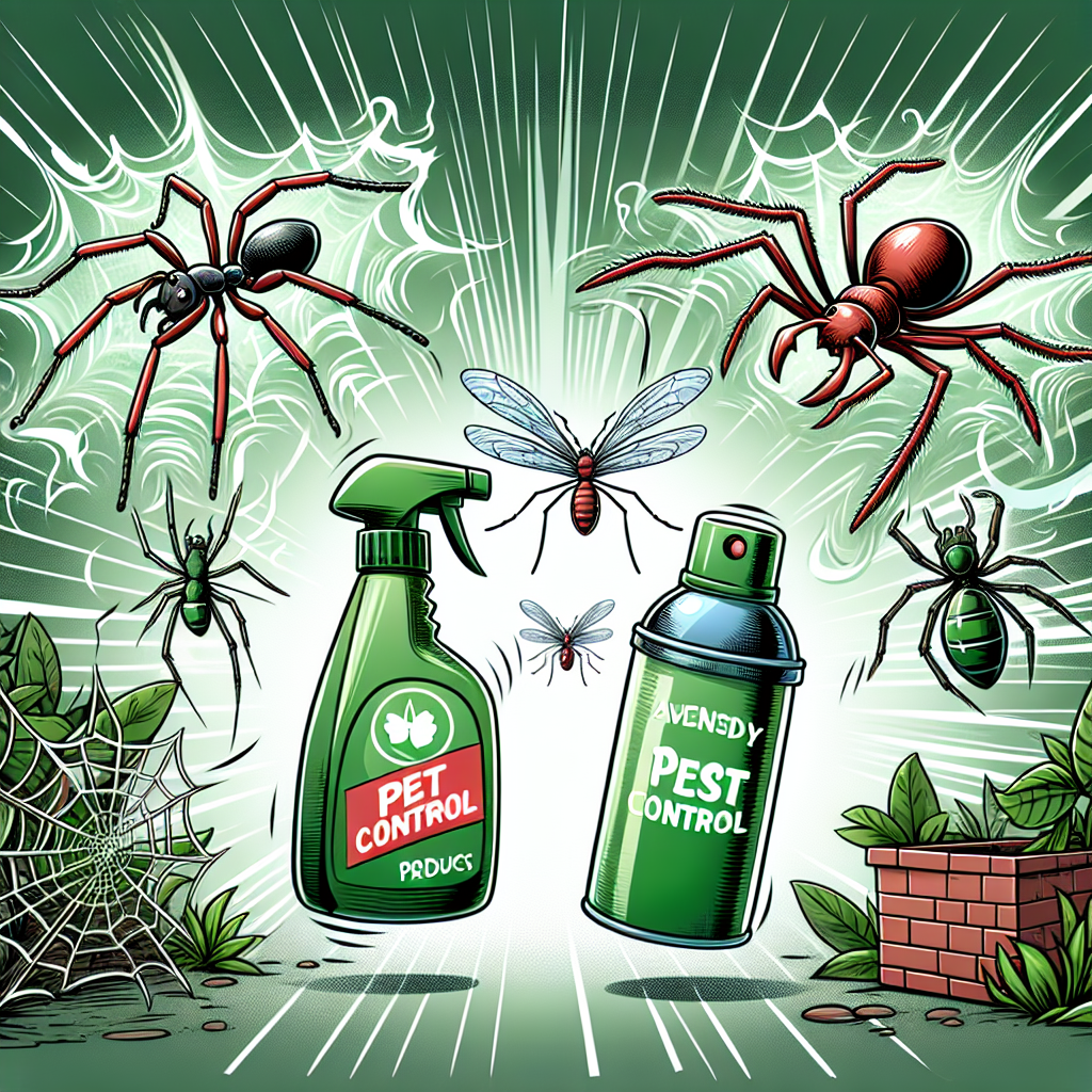 A cartoon-style illustration showing various common household pests like ants, spiders, and mosquitoes being kept at bay by eco-friendly pest control products