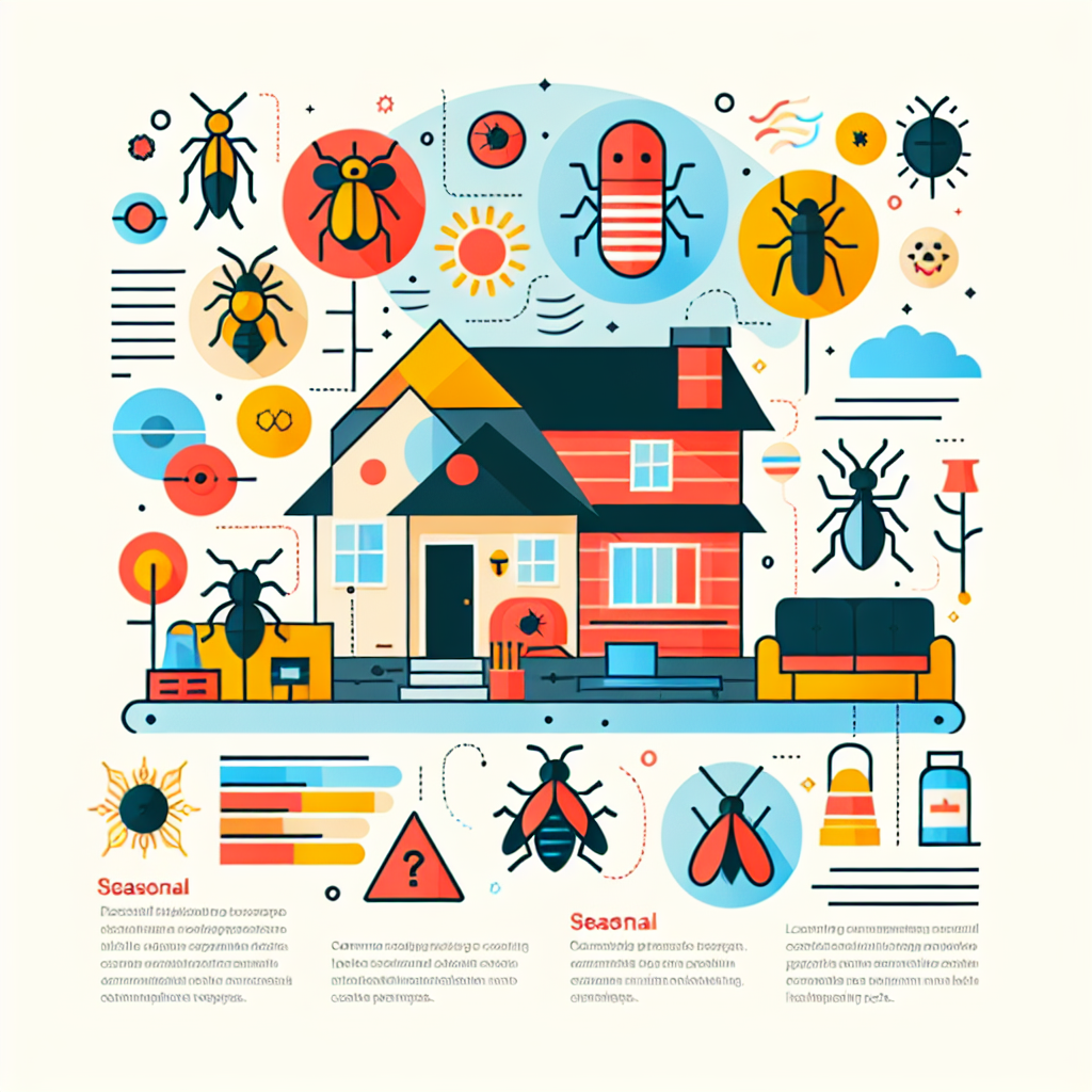 A colorful infographic showcasing seasonal <a href='https://bugzbugme.com/locations/indianapolis-pest-control/'>pest prevention tips</a> with illustrations of common household pests