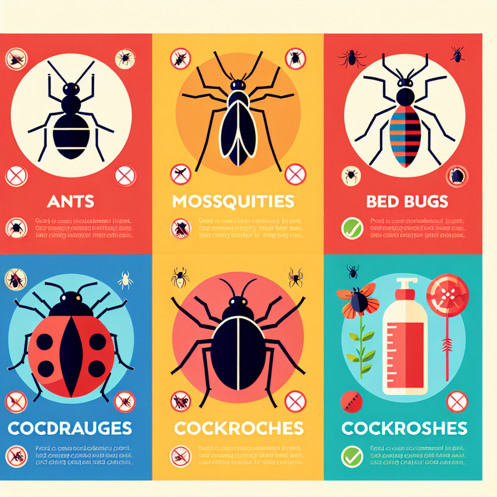 A colorful infographic showing various common household pests with their control methods, featuring ants, mosquitoes, bed bugs, cockroaches, and spiders. The style should be flat design with icons representing each pest and method.