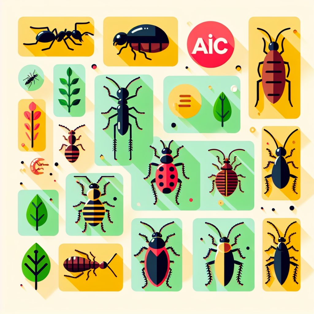 A colorful illustration showing common household pests like ants, cockroaches, and bed bugs with labels