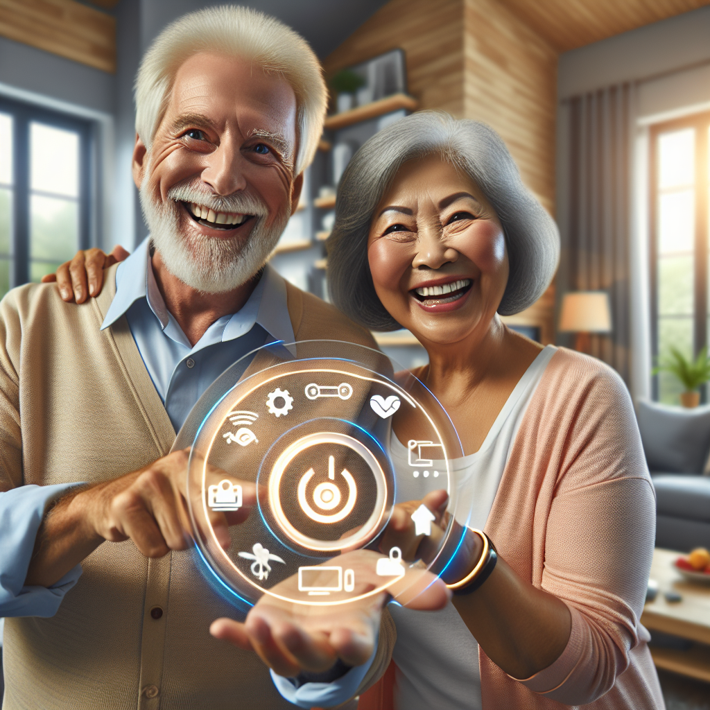 An elderly couple happily using smart home devices in their living room, showcasing various tech gadgets designed for seniors