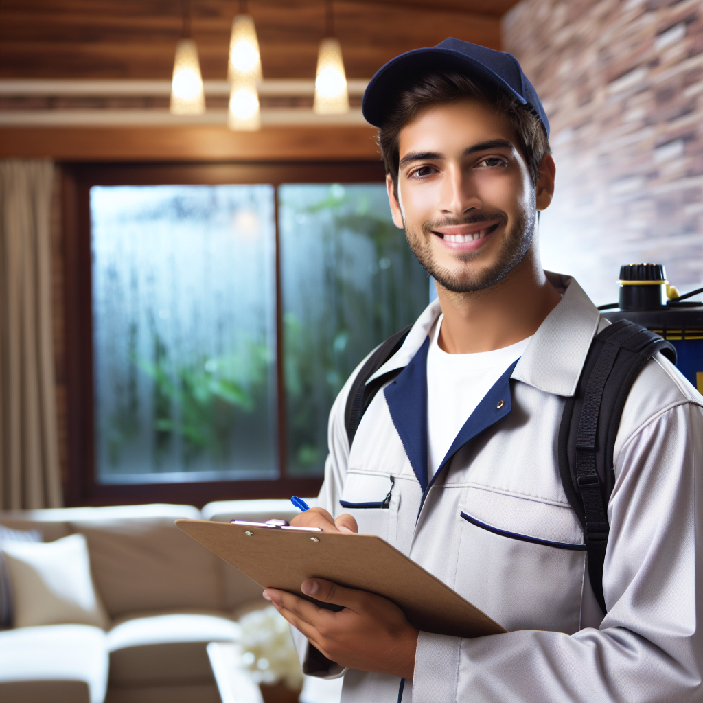 A friendly local exterminator inspecting a home for pests with a clipboard