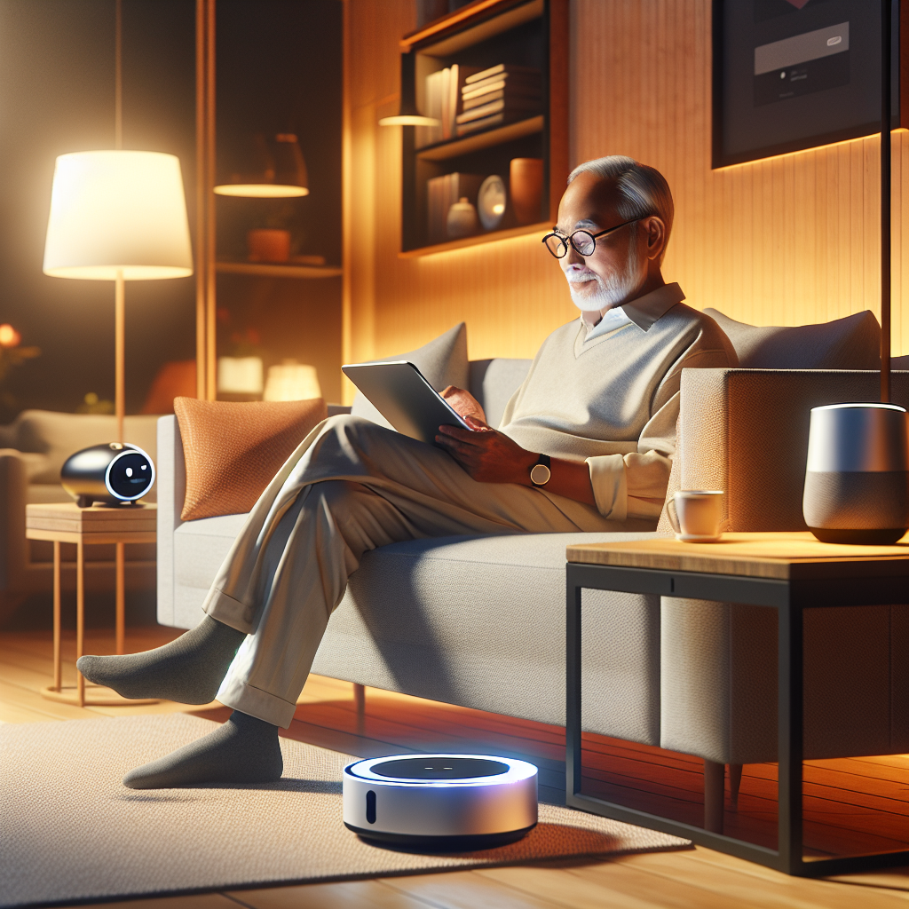 An elderly person using a tablet at home surrounded by smart home devices