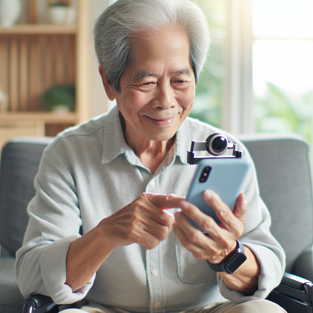 An elderly person using a smartphone with assistive technology features