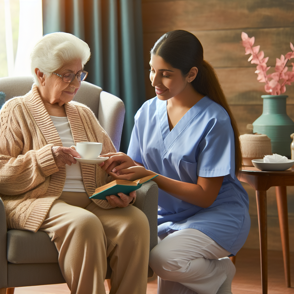 A warm and inviting living room setting with an elderly person sitting comfortably in an armchair while a caregiver assists them with daily tasks like reading or enjoying tea together.
