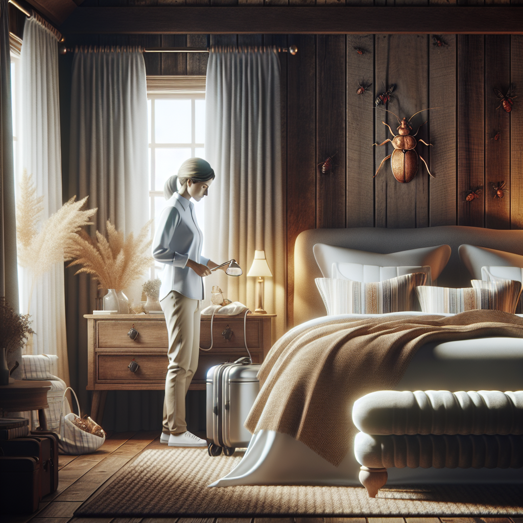 A cozy bedroom with a bed being inspected by a bed bug specialist