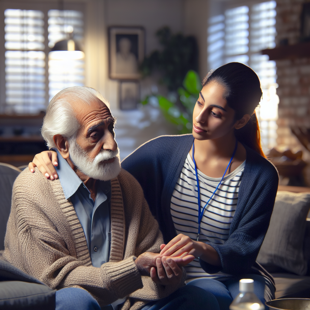 A warm and inviting scene depicting an elderly person receiving personal care assistance from a caregiver at home