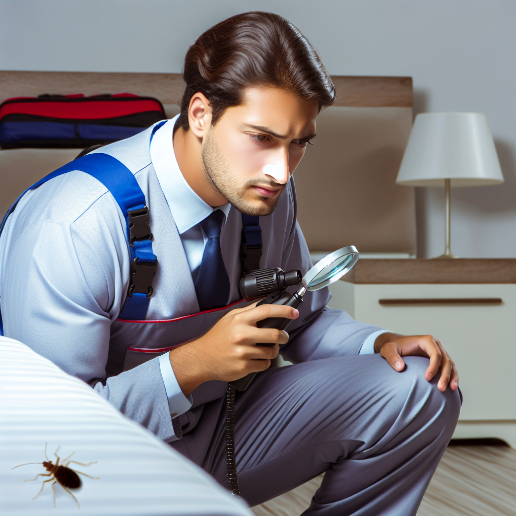 A professional pest control technician inspecting a bedroom for bed bugs with advanced detection tools