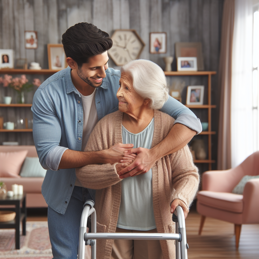 A warm-hearted caregiver assisting an elderly person at home, showcasing companionship and daily living assistance