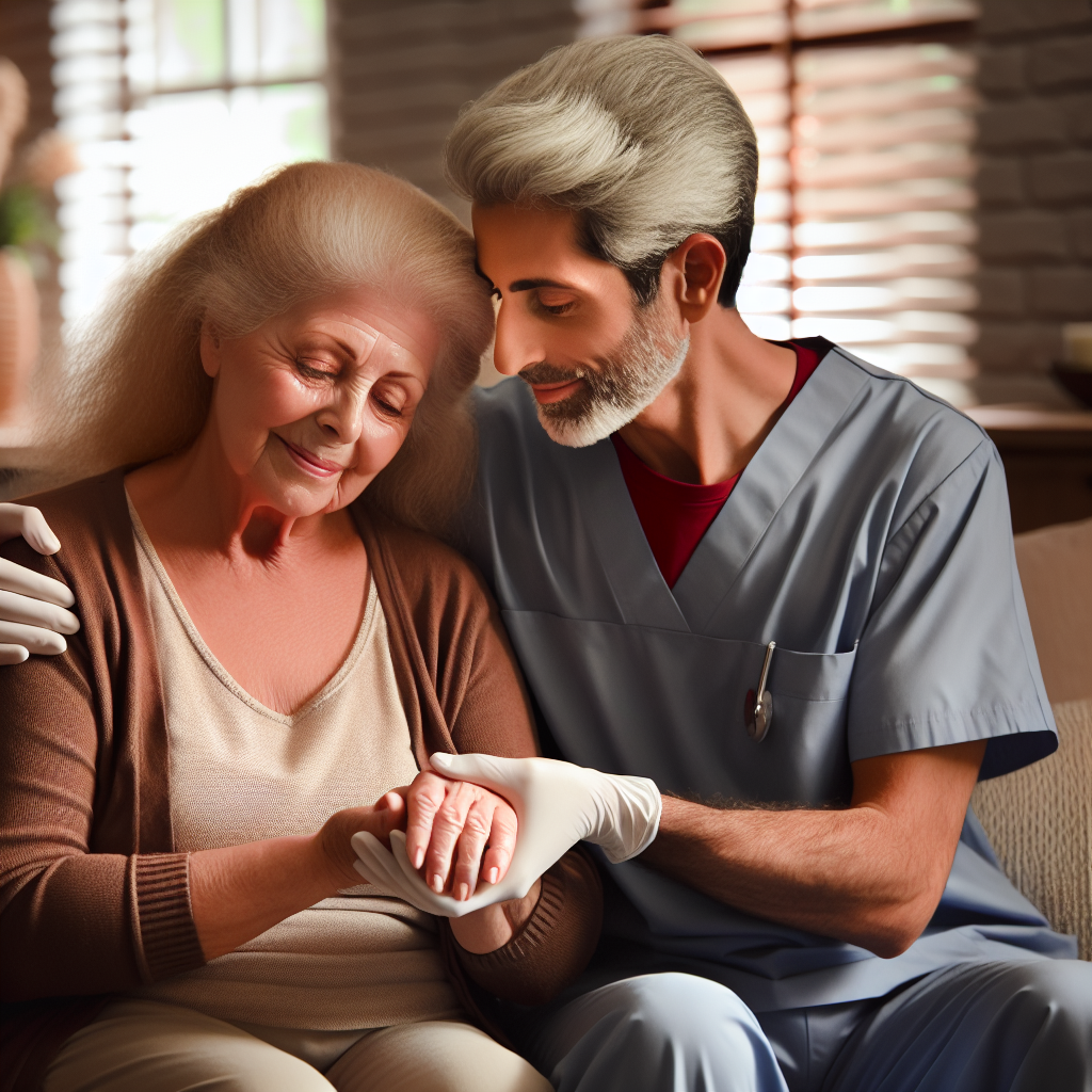 A warm and inviting scene of an elderly person receiving non-medical home care assistance from a compassionate caregiver at home