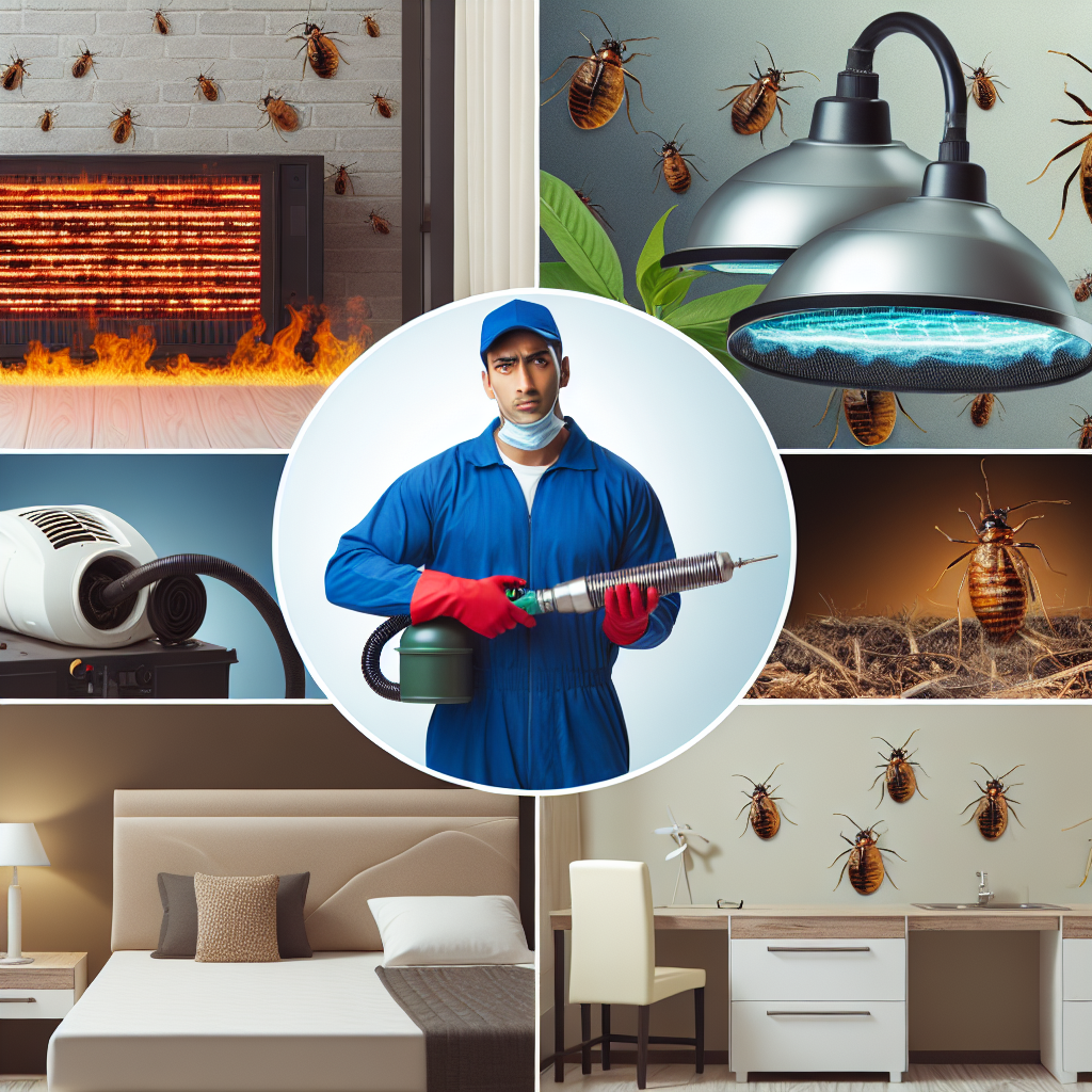 A collage showcasing various bed bug treatment methods including heat treatment equipment, eco-friendly sprays, an emergency pest control technician in action, and residential versus commercial settings.