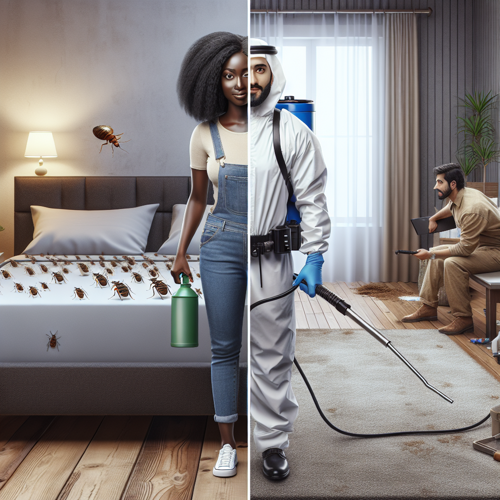 A split image showing a person applying DIY bed bug spray on one side and a professional exterminator treating a home on the other side