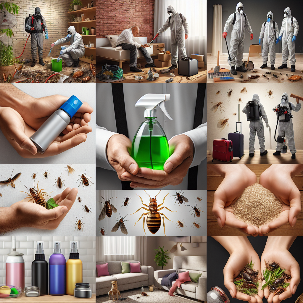 A collage showing various effective bed bug treatments including professional exterminators at work, eco-friendly sprays, and DIY remedies
