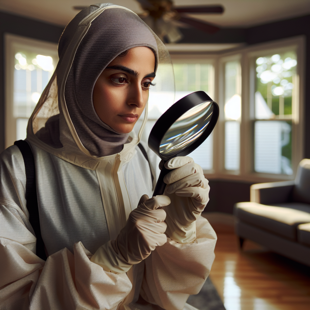 A professional pest control technician inspecting a home for bed bugs with a magnifying glass