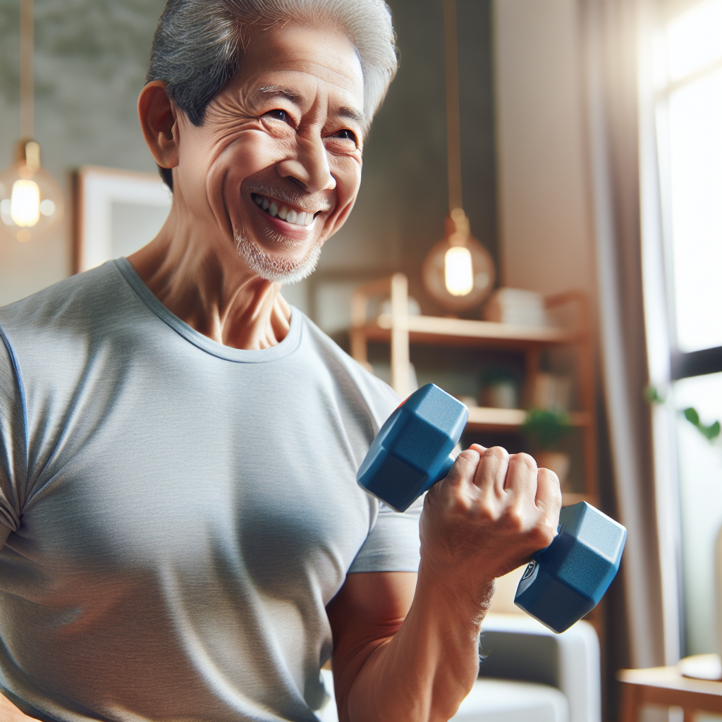 An elderly person happily exercising at home using light weights, showcasing strength training with a smile