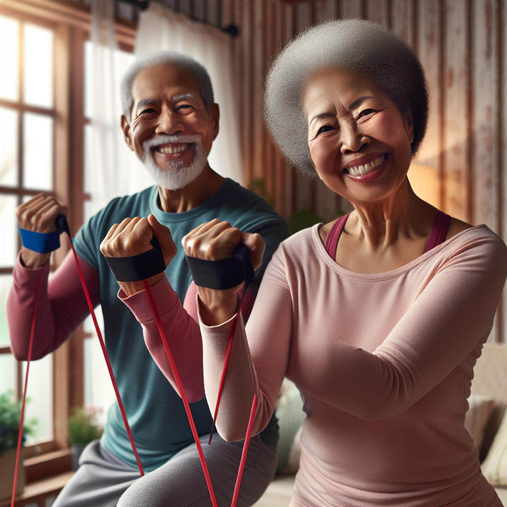 A cheerful senior couple exercising together at home using resistance bands