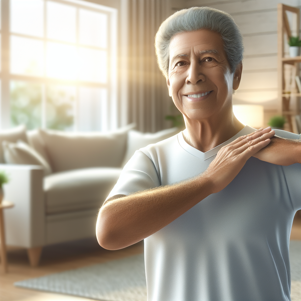 An elderly person doing gentle warm-up exercises at home, smiling and looking relaxed, bright living room setting