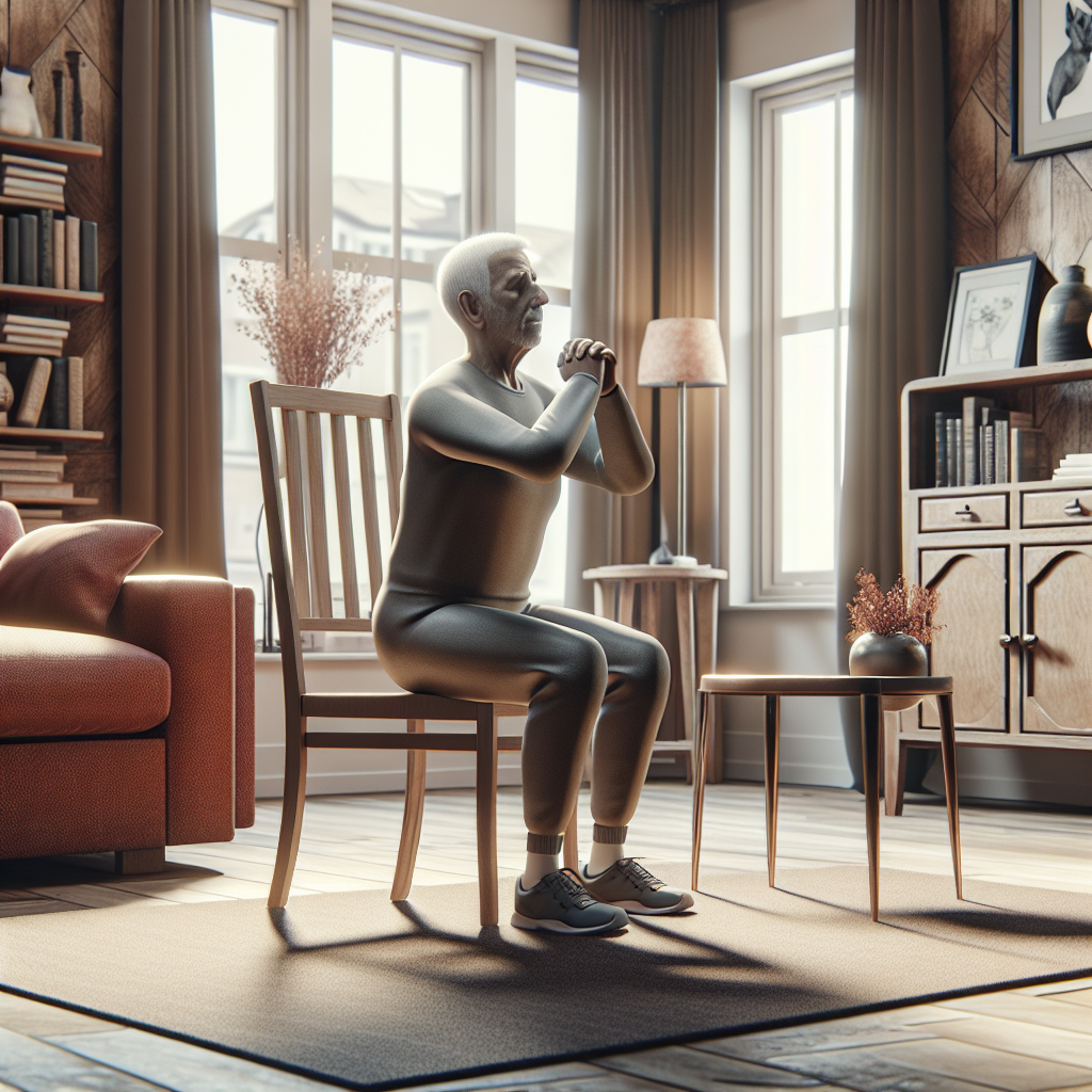 An elderly person performing chair squats in a cozy living room setting