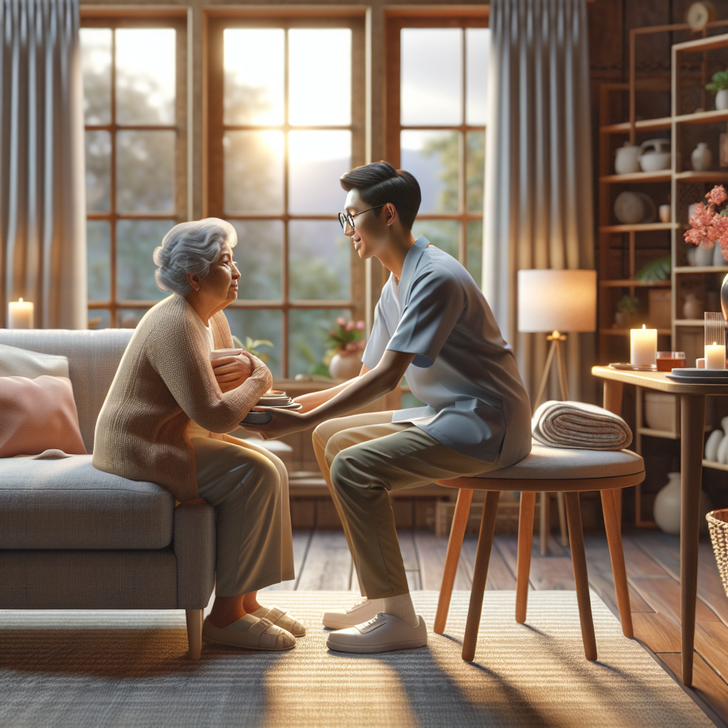 A warm and inviting home setting with an elderly person receiving non-medical assistance from a caregiver
