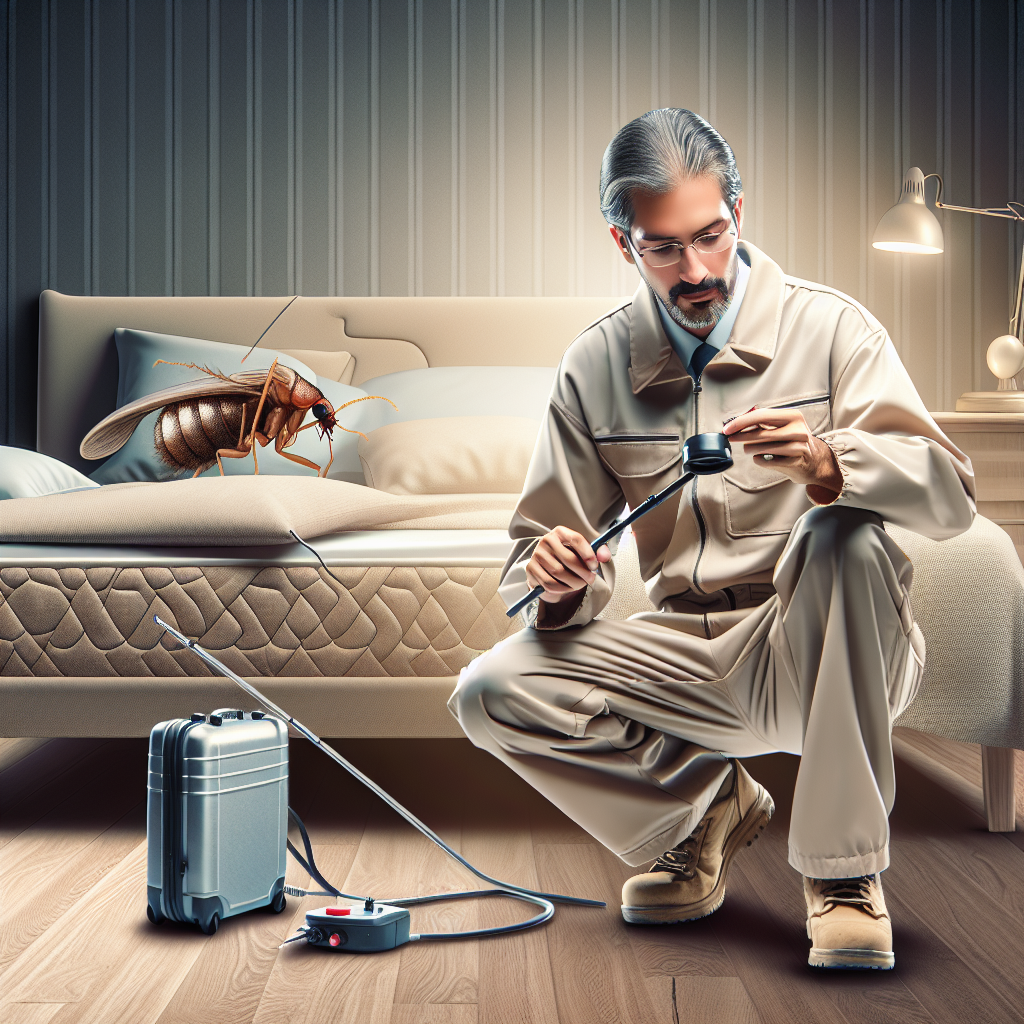 A professional pest control technician inspecting a bedroom for bed bugs with high-tech equipment