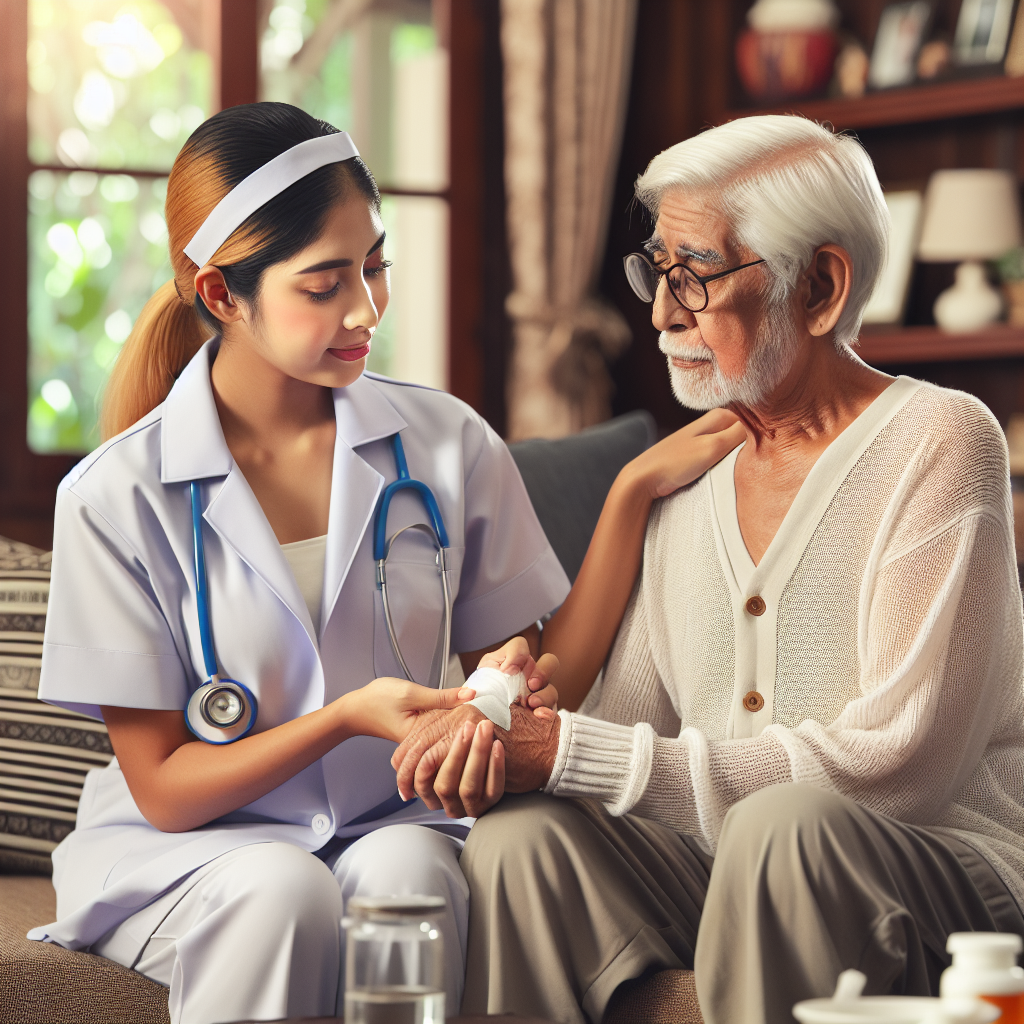 A compassionate nurse providing medical home care to an elderly patient in their living room