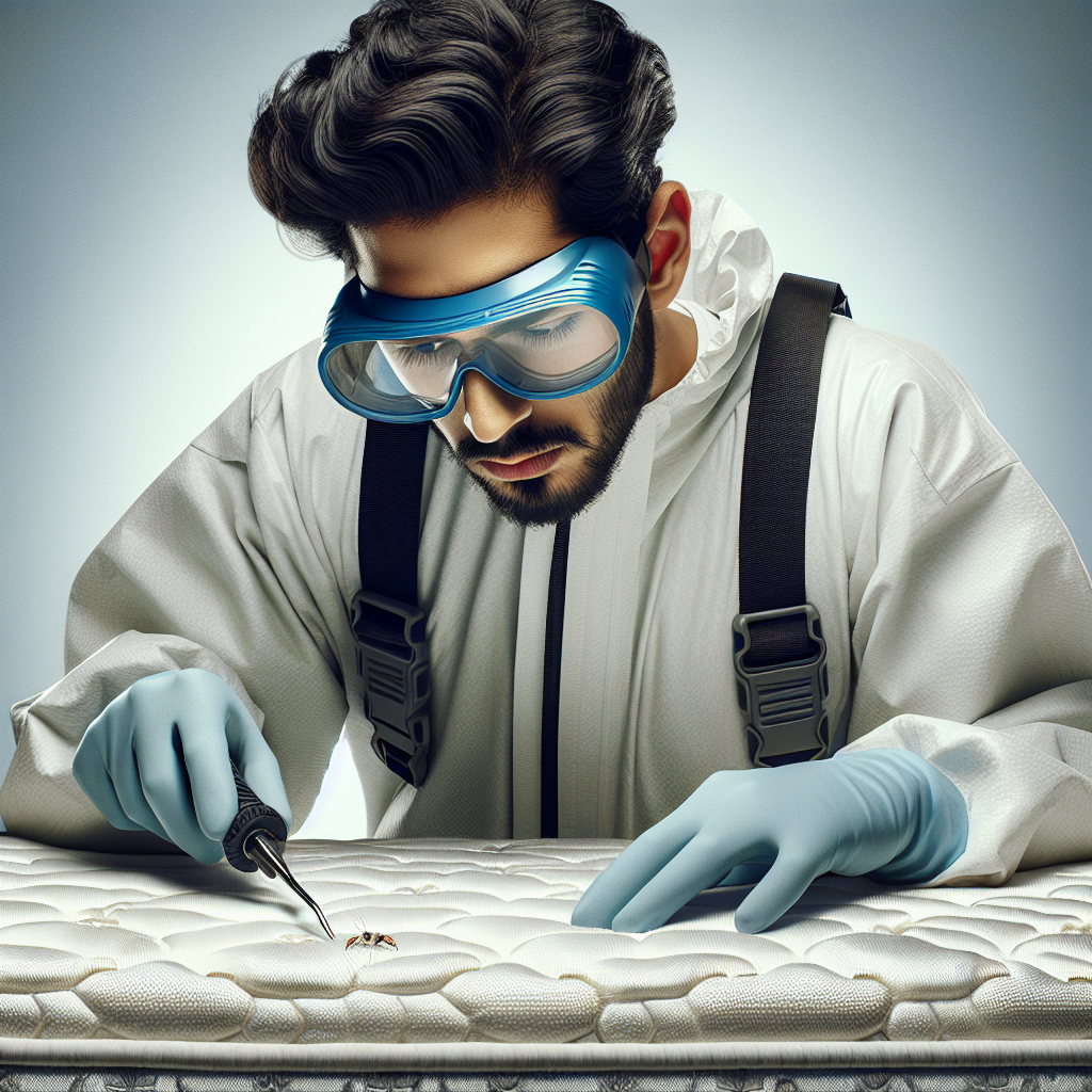 A professional pest control technician inspecting a mattress with tools in hand