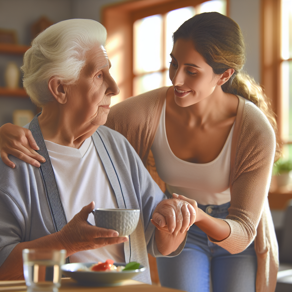 A caring non-medical caregiver assisting an elderly person with daily living tasks at home