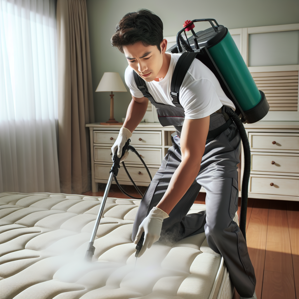 A professional pest control technician using steam treatment on a mattress in a bedroom.