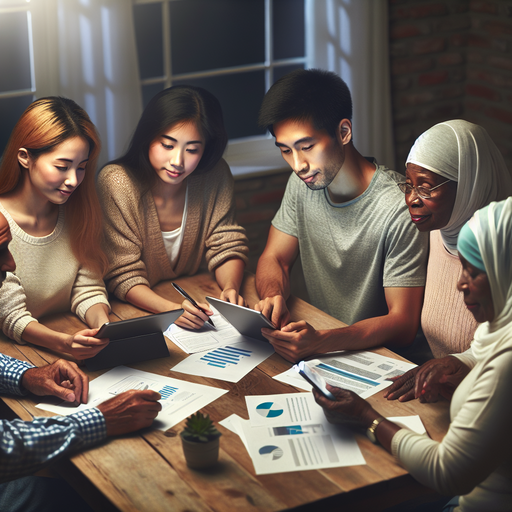 A diverse family gathered around a table discussing home health care options with papers and tablets