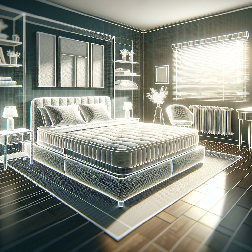 A cozy bedroom with a protective mattress encasement on the bed, bright lighting highlighting cleanliness and organization